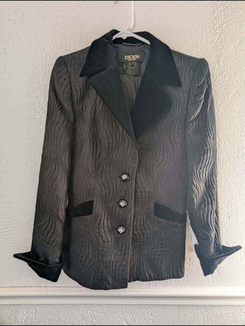 Escada Black Textured Wave Skirtsuit with Velvet Trim